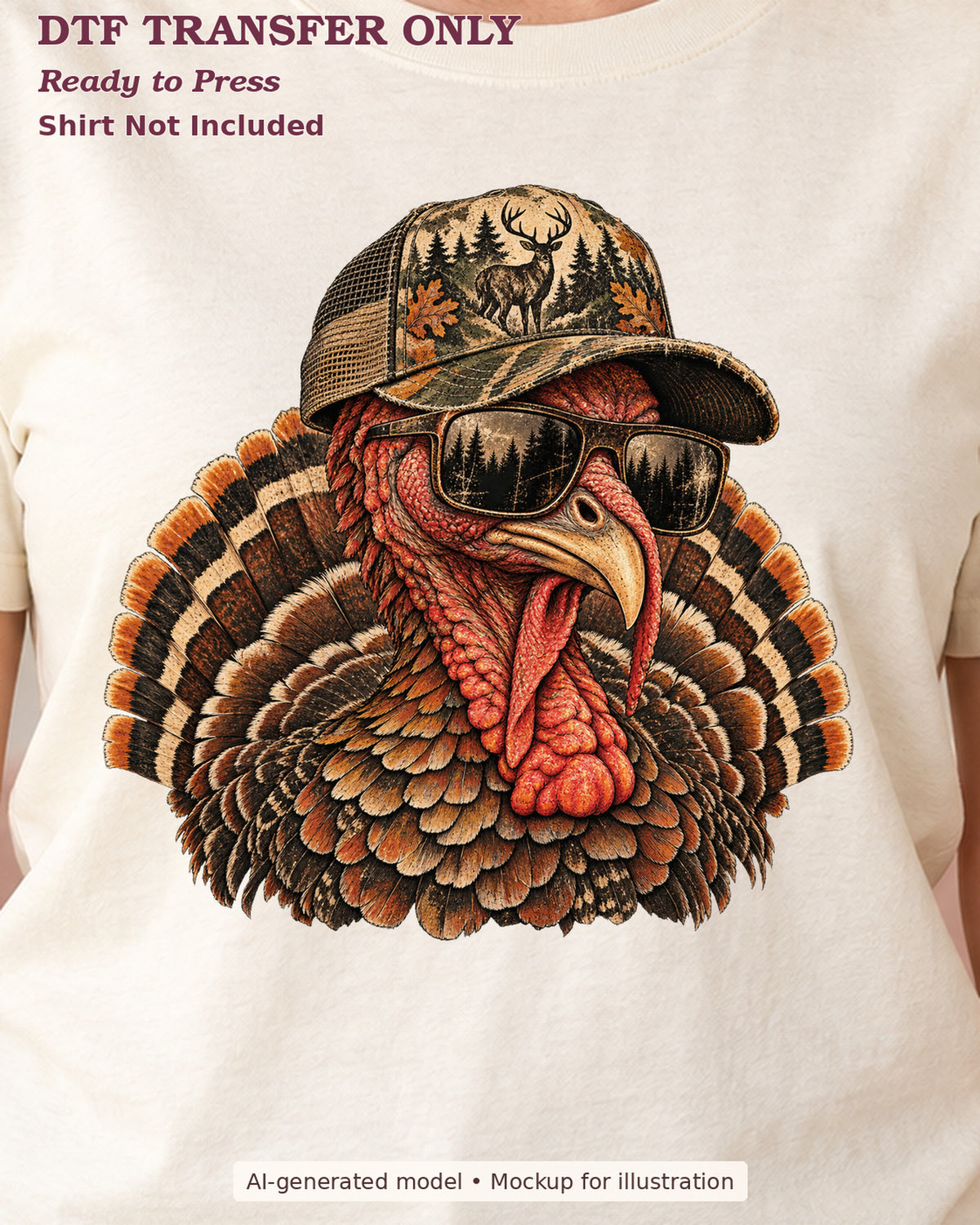 Close-up cream shirt mockup showing turkey wearing sunglasses and a woodland-pattern hunting cap; shirt not included.