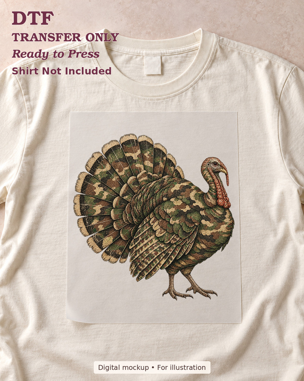 Standing turkey with camouflage-pattern feathers and a fanned tail shown as a transfer sheet on a cream shirt; shirt not included.