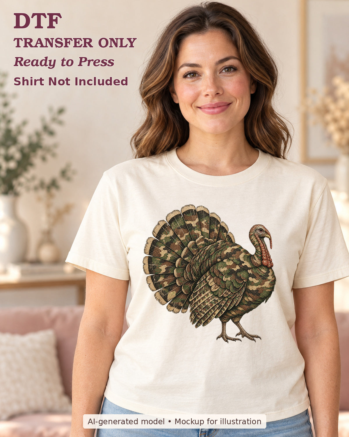 AI-model mockup wearing a cream shirt with standing turkey with camouflage-pattern feathers and a fanned tail; DTF transfer only.