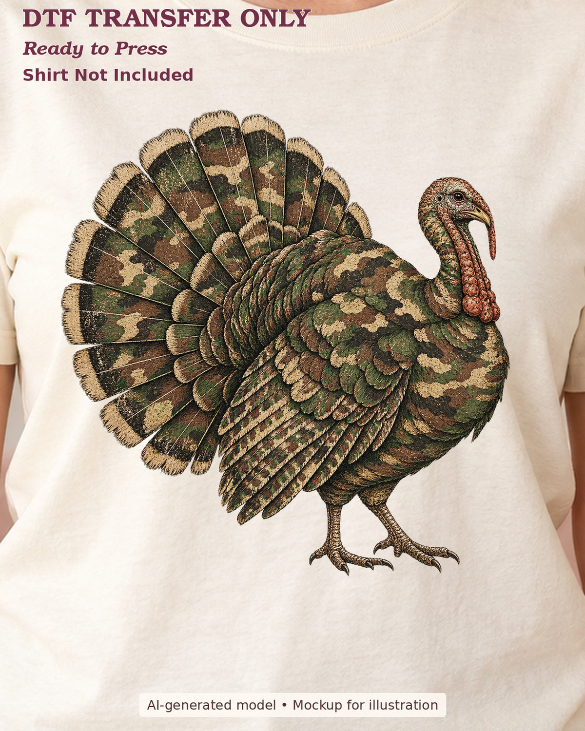 Close-up cream shirt mockup showing standing turkey with camouflage-pattern feathers and a fanned tail; shirt not included.