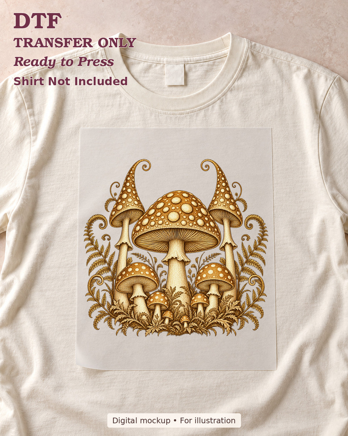 Golden-brown woodland mushrooms with delicate ferns and botanical scrollwork shown as a transfer sheet on a cream shirt; shirt not included.