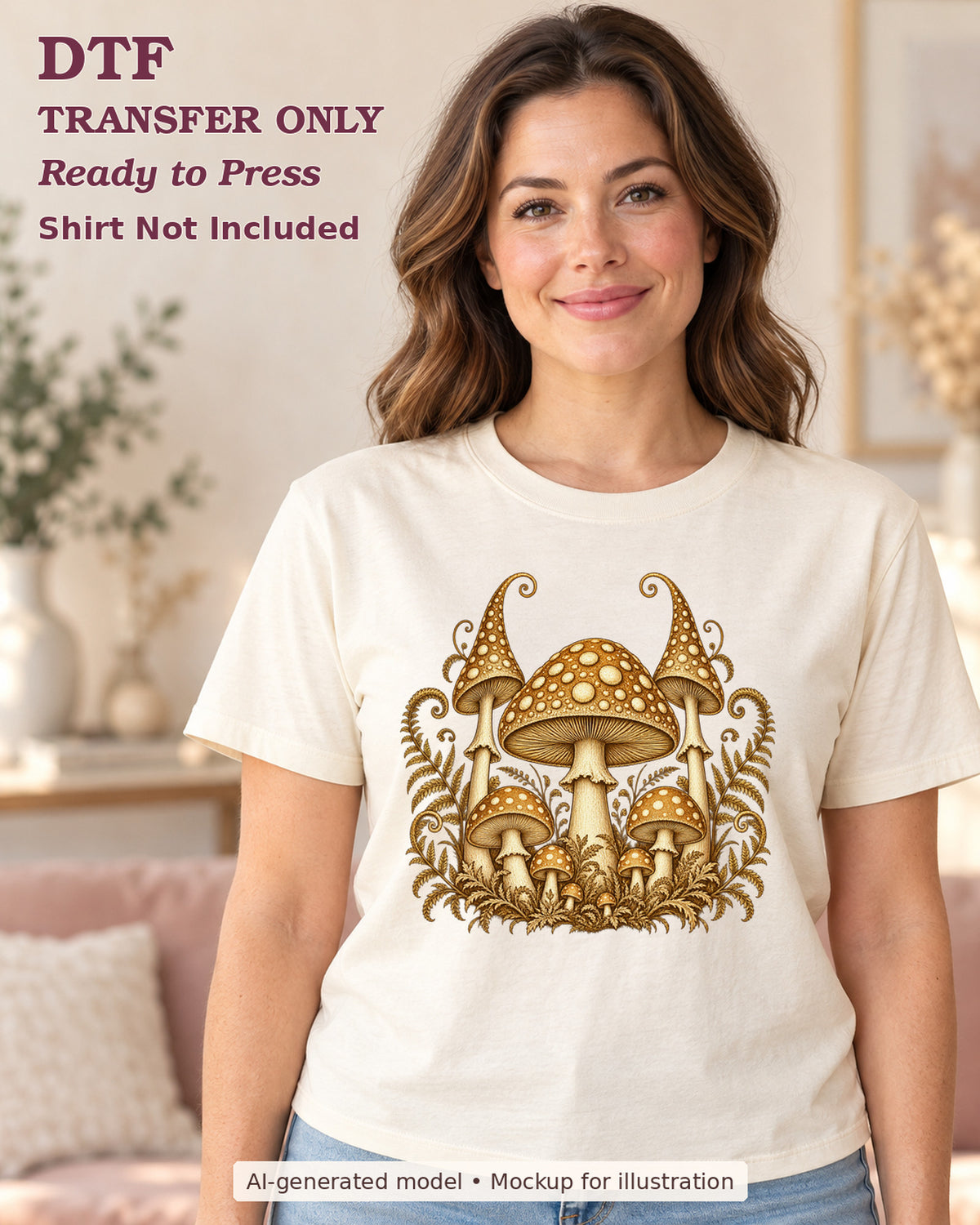 AI-model mockup wearing a cream shirt with golden-brown woodland mushrooms with delicate ferns and botanical scrollwork; DTF transfer only.