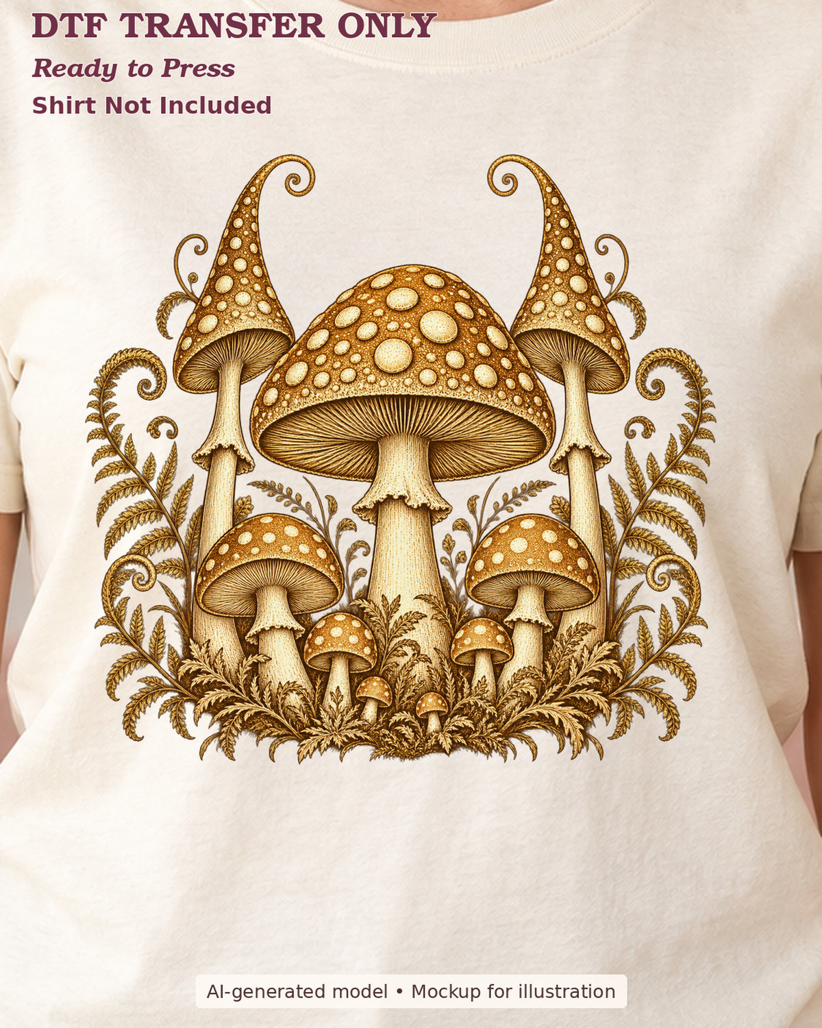 Close-up cream shirt mockup showing golden-brown woodland mushrooms with delicate ferns and botanical scrollwork; shirt not included.