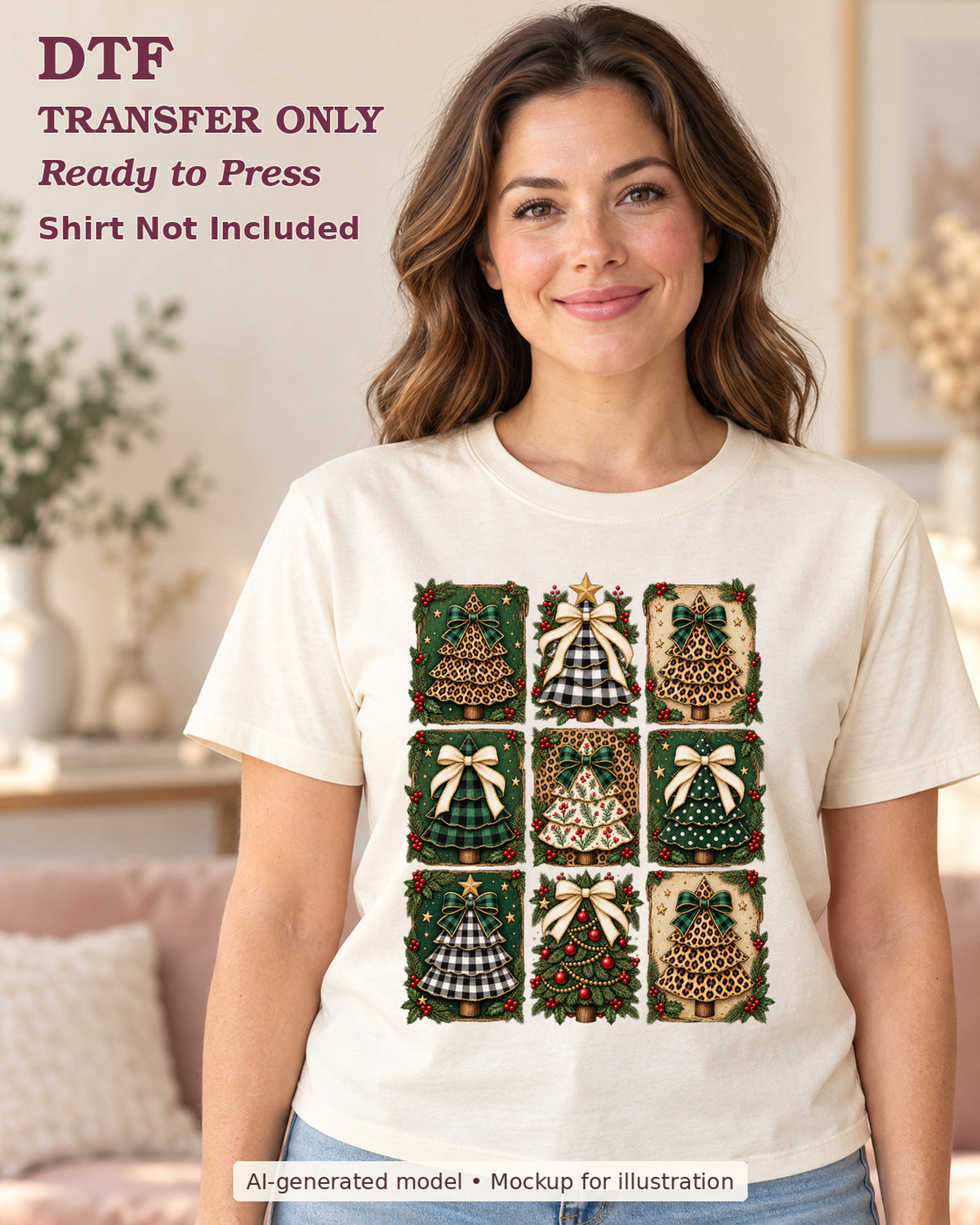 AI-model mockup wearing a cream shirt with nine patterned Christmas trees in a grid with bows and greenery; DTF transfer only.