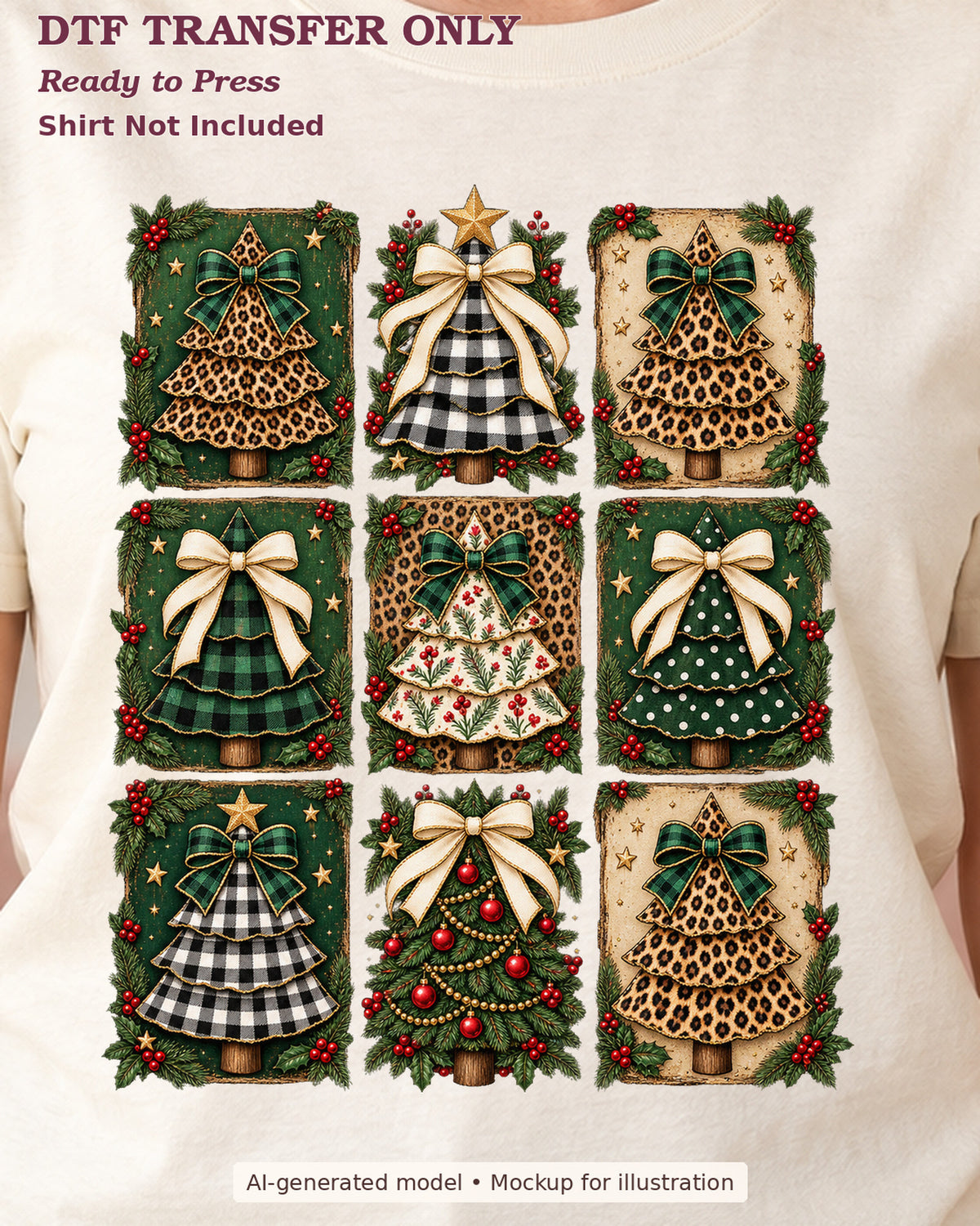 Close-up cream shirt mockup showing nine patterned Christmas trees in a grid with bows and greenery; shirt not included.