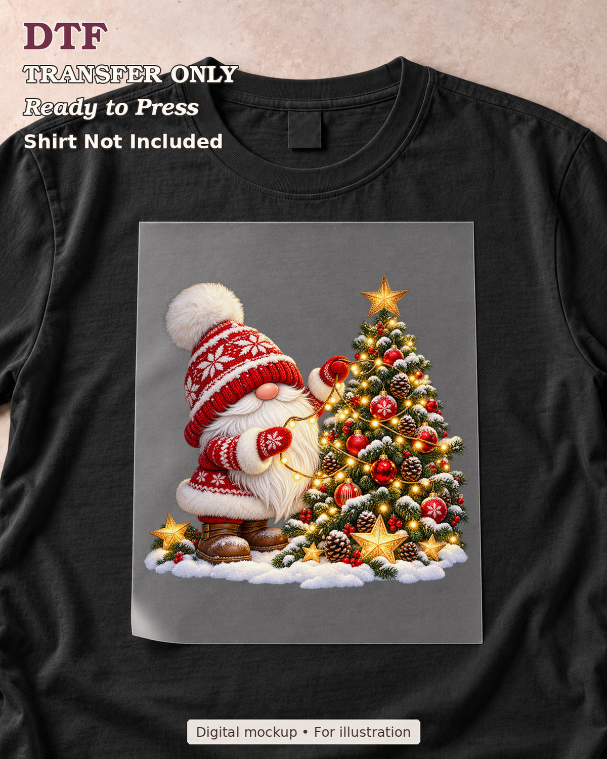 Red-hatted gnome beside a decorated Christmas tree in snow shown as a transfer sheet on a black shirt; shirt not included.