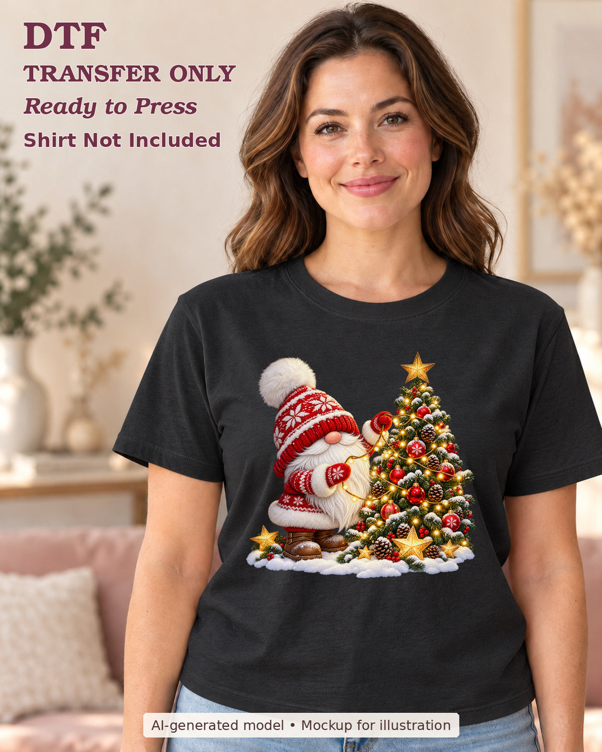 AI-model mockup wearing a black shirt with red-hatted gnome beside a decorated Christmas tree in snow; DTF transfer only.