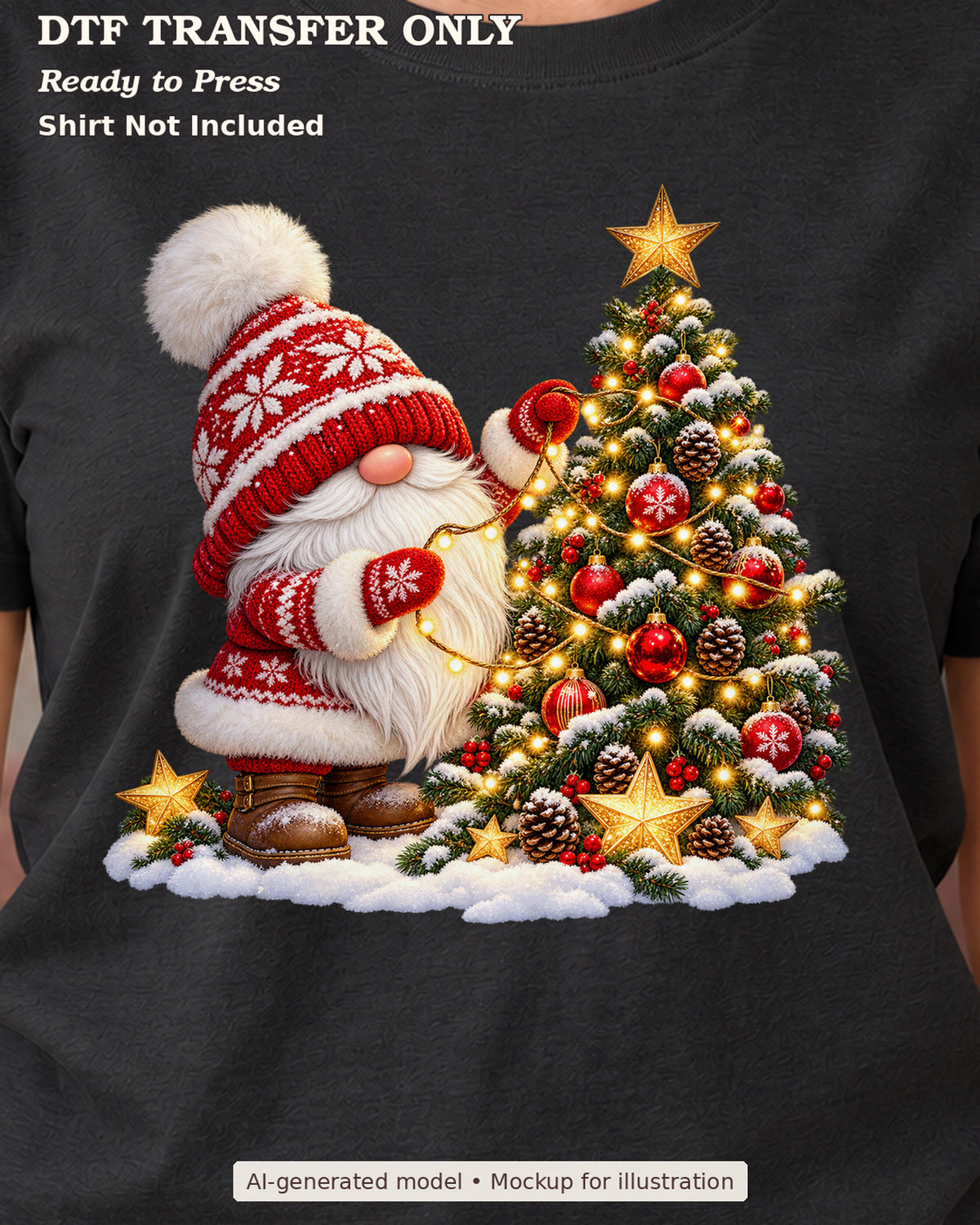 Close-up black shirt mockup showing red-hatted gnome beside a decorated Christmas tree in snow; shirt not included.