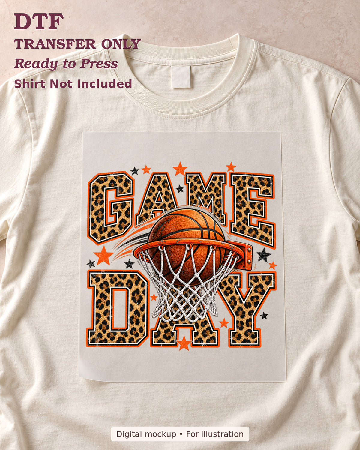 Game Day leopard-print lettering with a basketball and hoop shown as a transfer sheet on a cream shirt; shirt not included.