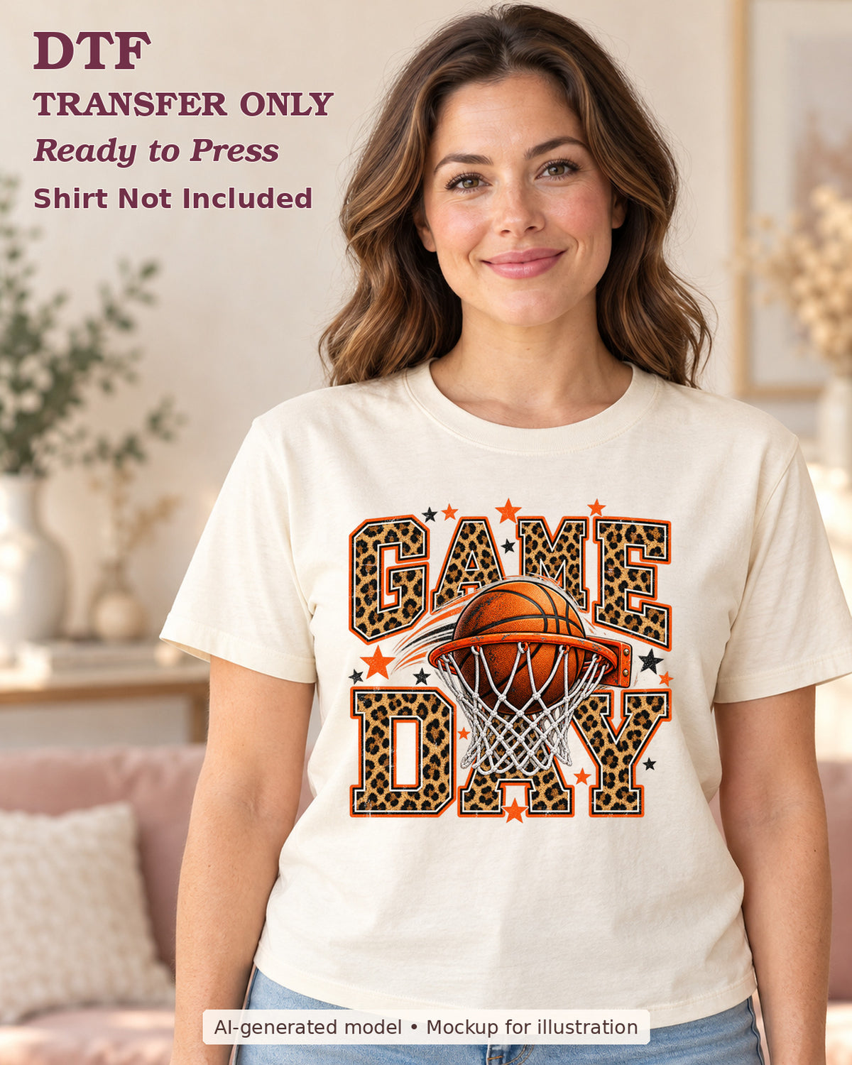 AI-model mockup wearing a cream shirt with Game Day leopard-print lettering with a basketball and hoop; DTF transfer only.