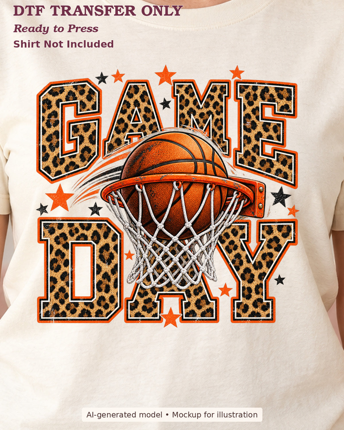 Close-up cream shirt mockup showing Game Day leopard-print lettering with a basketball and hoop; shirt not included.
