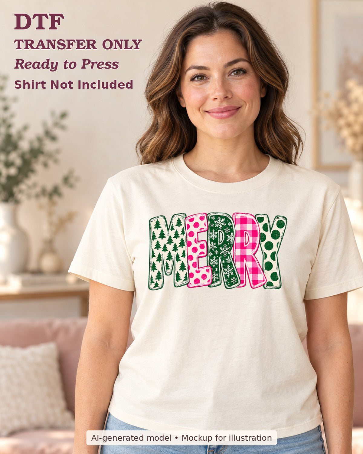 AI-model mockup wearing a cream shirt with Merry lettering in pink and green Christmas patterns; DTF transfer only.