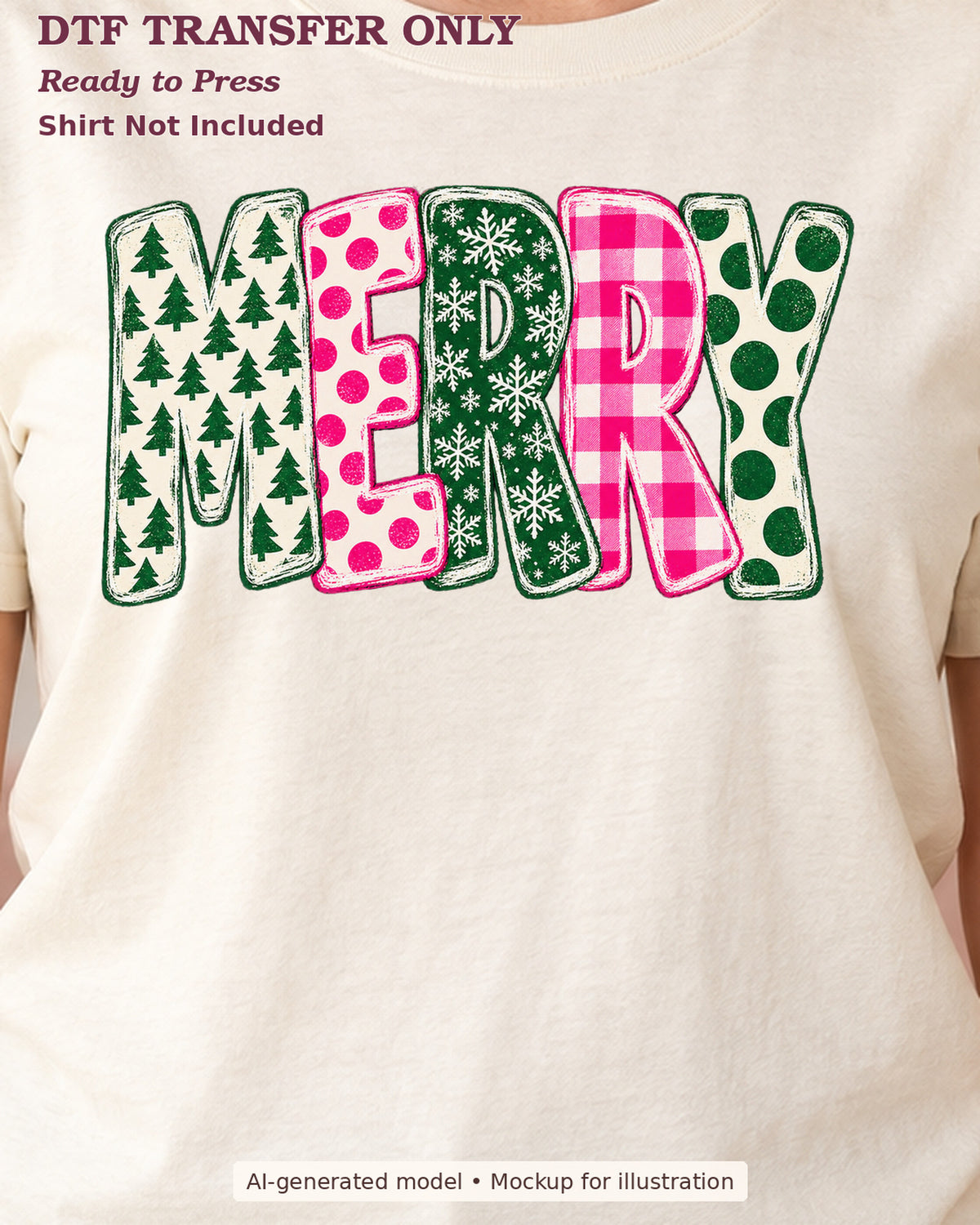 Close-up cream shirt mockup showing Merry lettering in pink and green Christmas patterns; shirt not included.