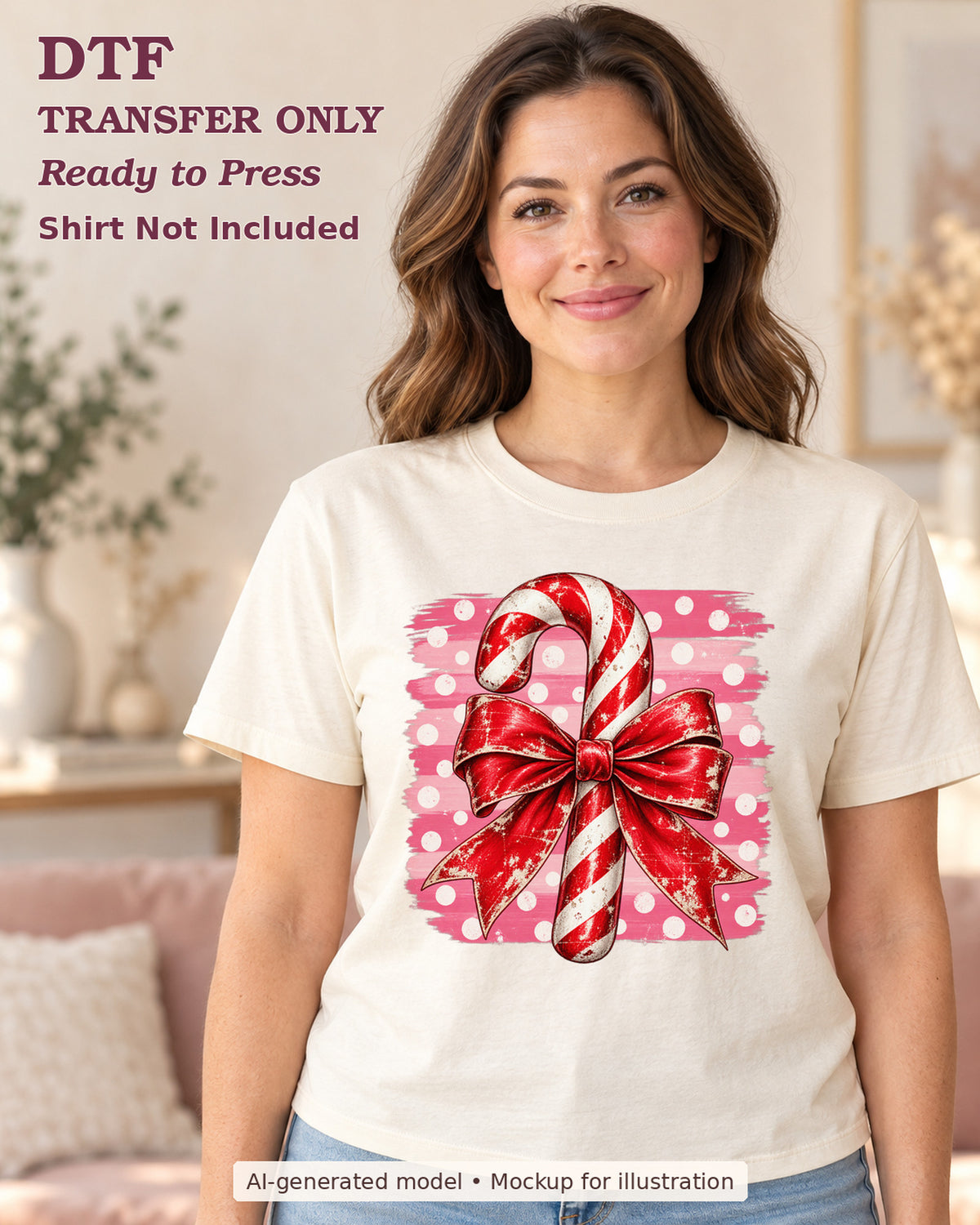 AI-model mockup wearing a cream shirt with red-and-white candy cane with a red bow over pink polka-dot brushstrokes; DTF transfer only.