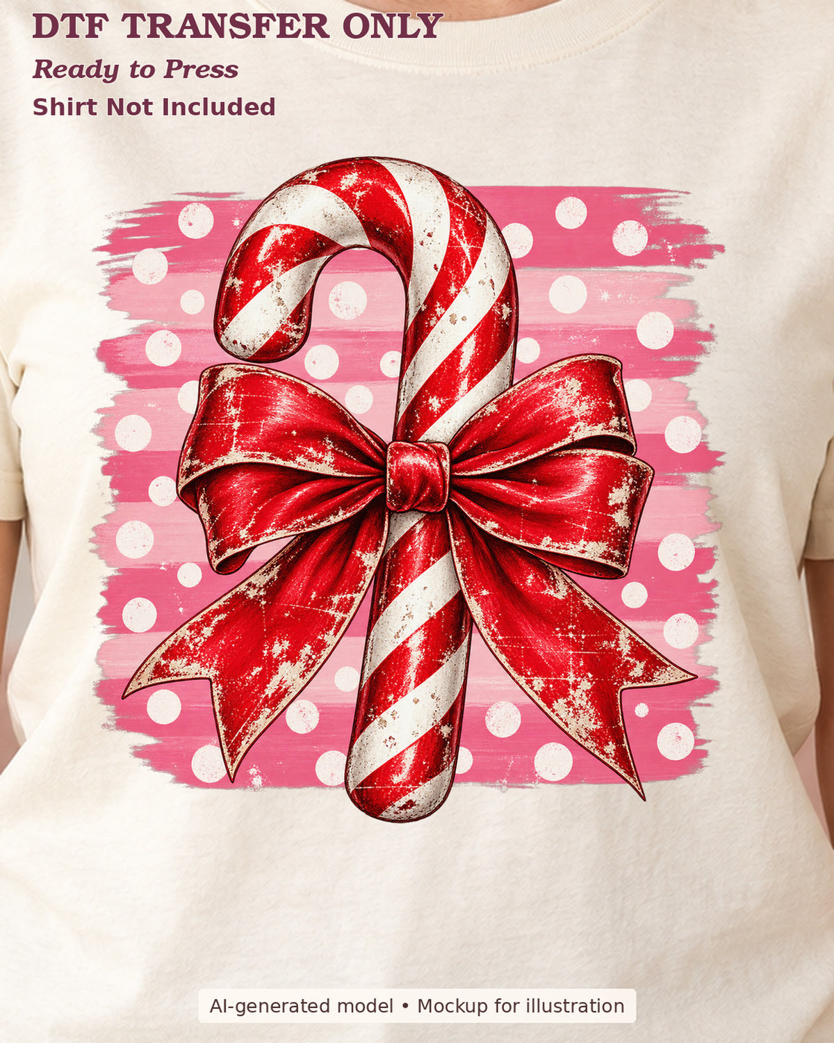 Close-up cream shirt mockup showing red-and-white candy cane with a red bow over pink polka-dot brushstrokes; shirt not included.