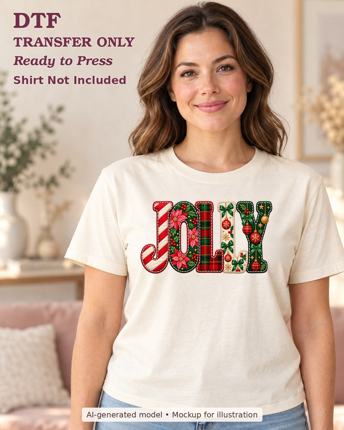 AI-model mockup wearing a cream shirt with Jolly lettering filled with candy stripes, florals, plaid and ornaments; DTF transfer only.