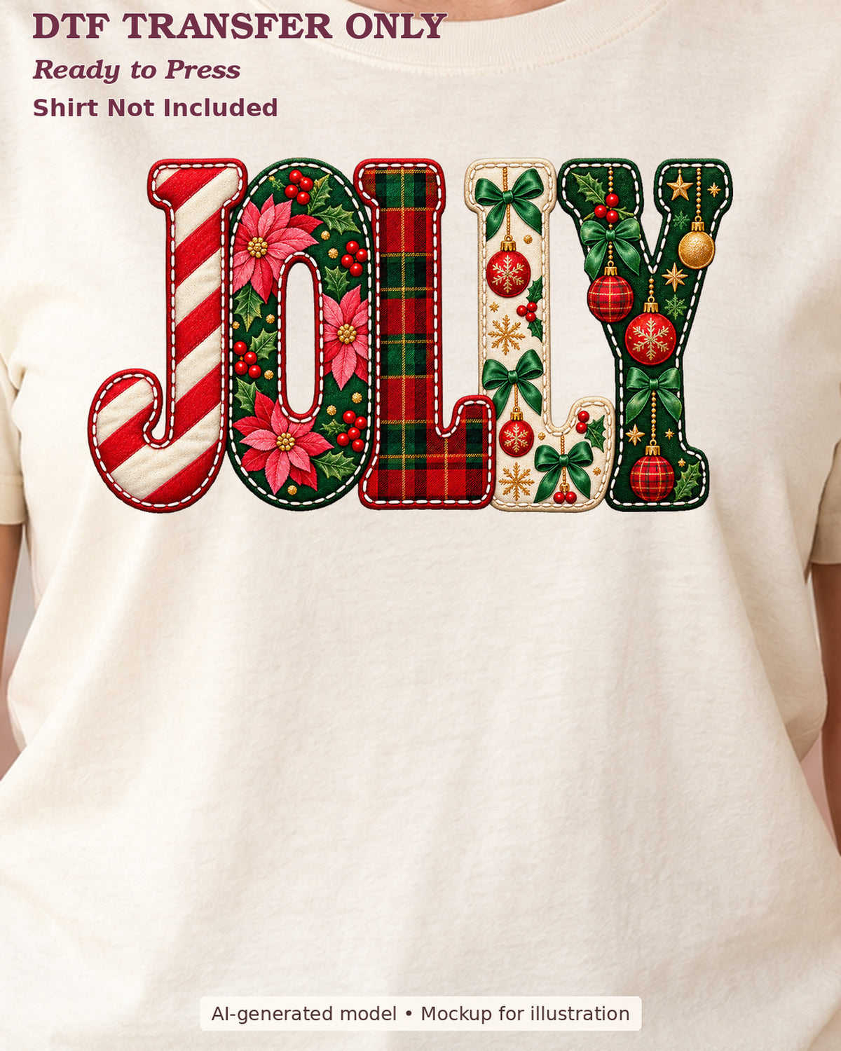 Close-up cream shirt mockup showing Jolly lettering filled with candy stripes, florals, plaid and ornaments; shirt not included.