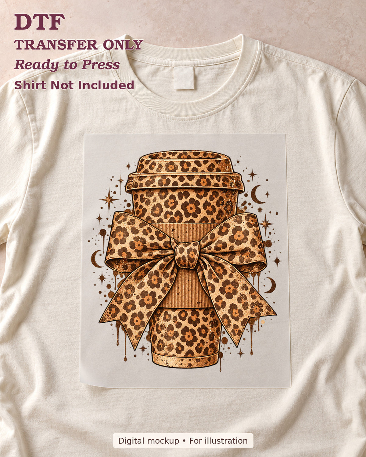 Leopard-print takeaway coffee cup with a large matching bow shown as a transfer sheet on a cream shirt; shirt not included.