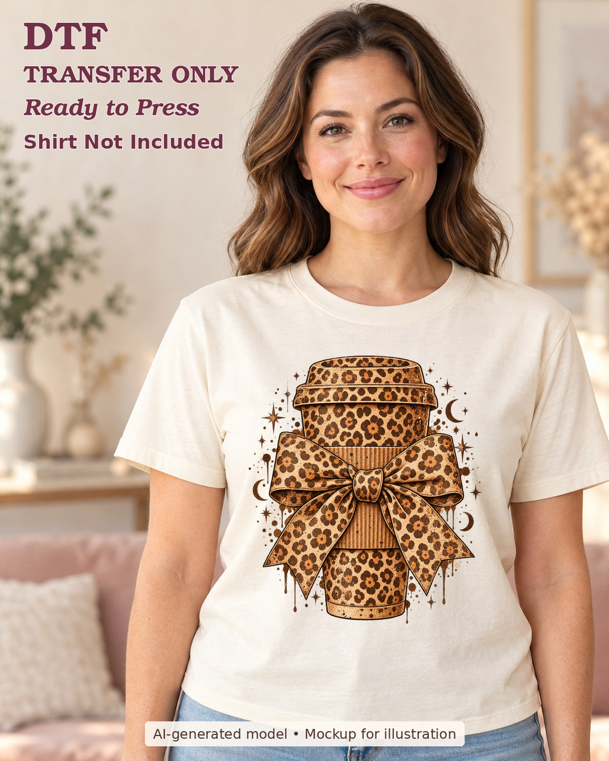 AI-model mockup wearing a cream shirt with leopard-print takeaway coffee cup with a large matching bow; DTF transfer only.
