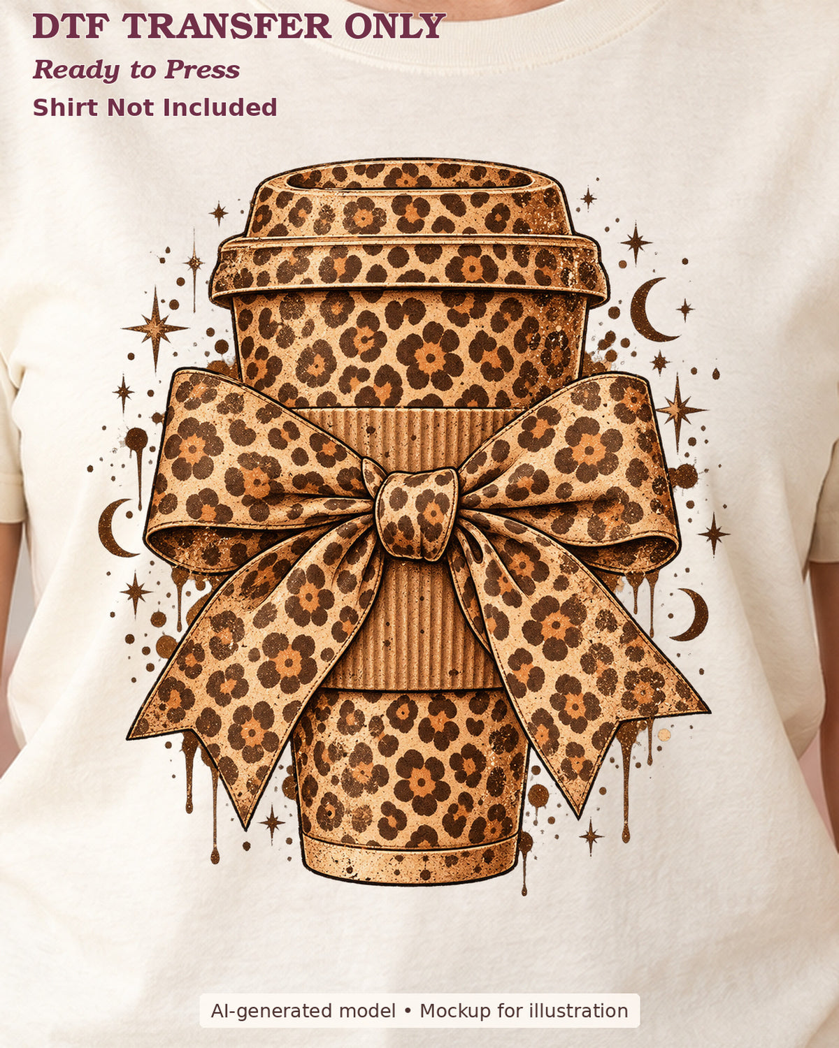Close-up cream shirt mockup showing leopard-print takeaway coffee cup with a large matching bow; shirt not included.