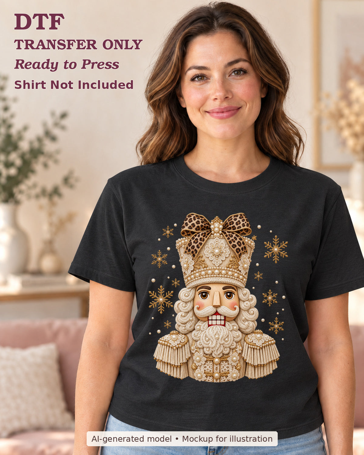 AI-model mockup wearing a black shirt with cream-and-gold ornamental nutcracker with a leopard-print bow and snowflakes; DTF transfer only.