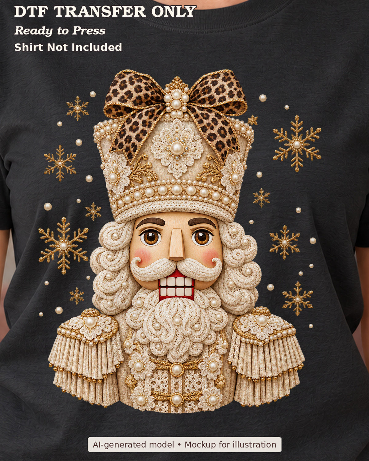 Close-up black shirt mockup showing cream-and-gold ornamental nutcracker with a leopard-print bow and snowflakes; shirt not included.