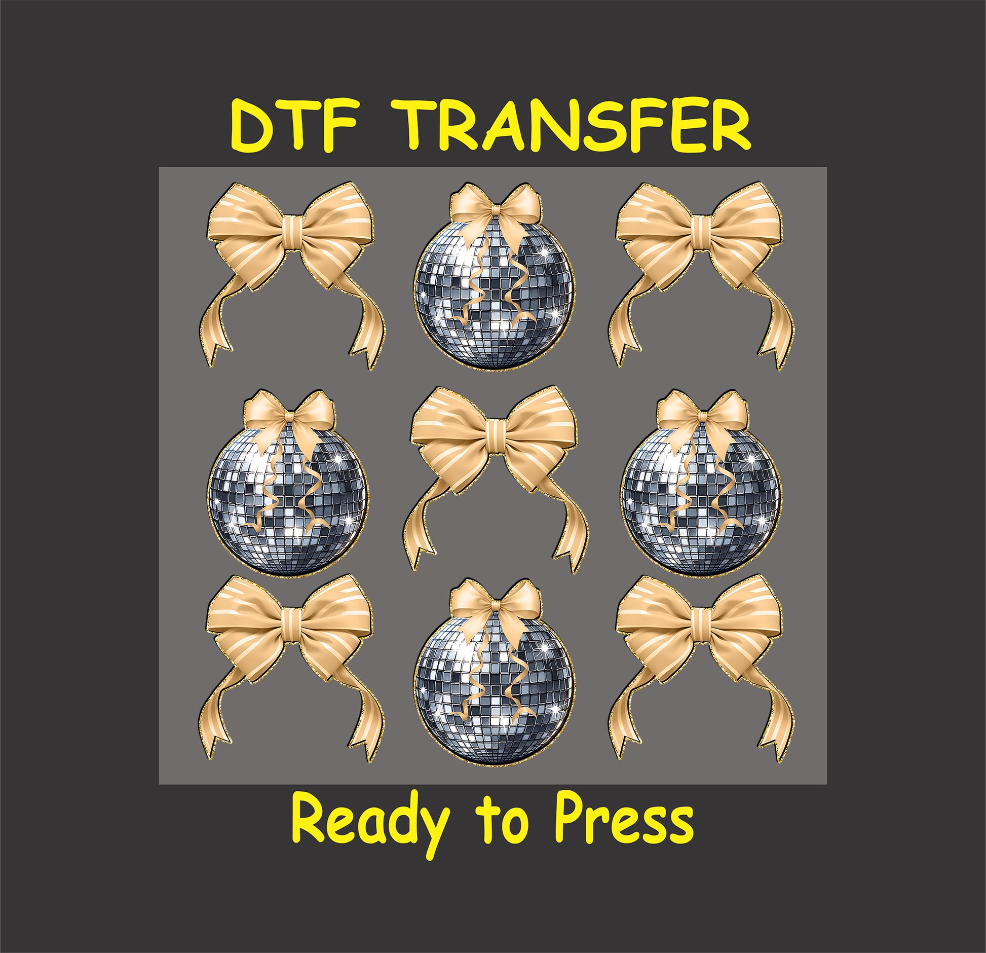 DTF transfer featuring a stylish design of disco balls adorned with golden bows, perfect for New Year’s 2025 celebrations and festive apparel.