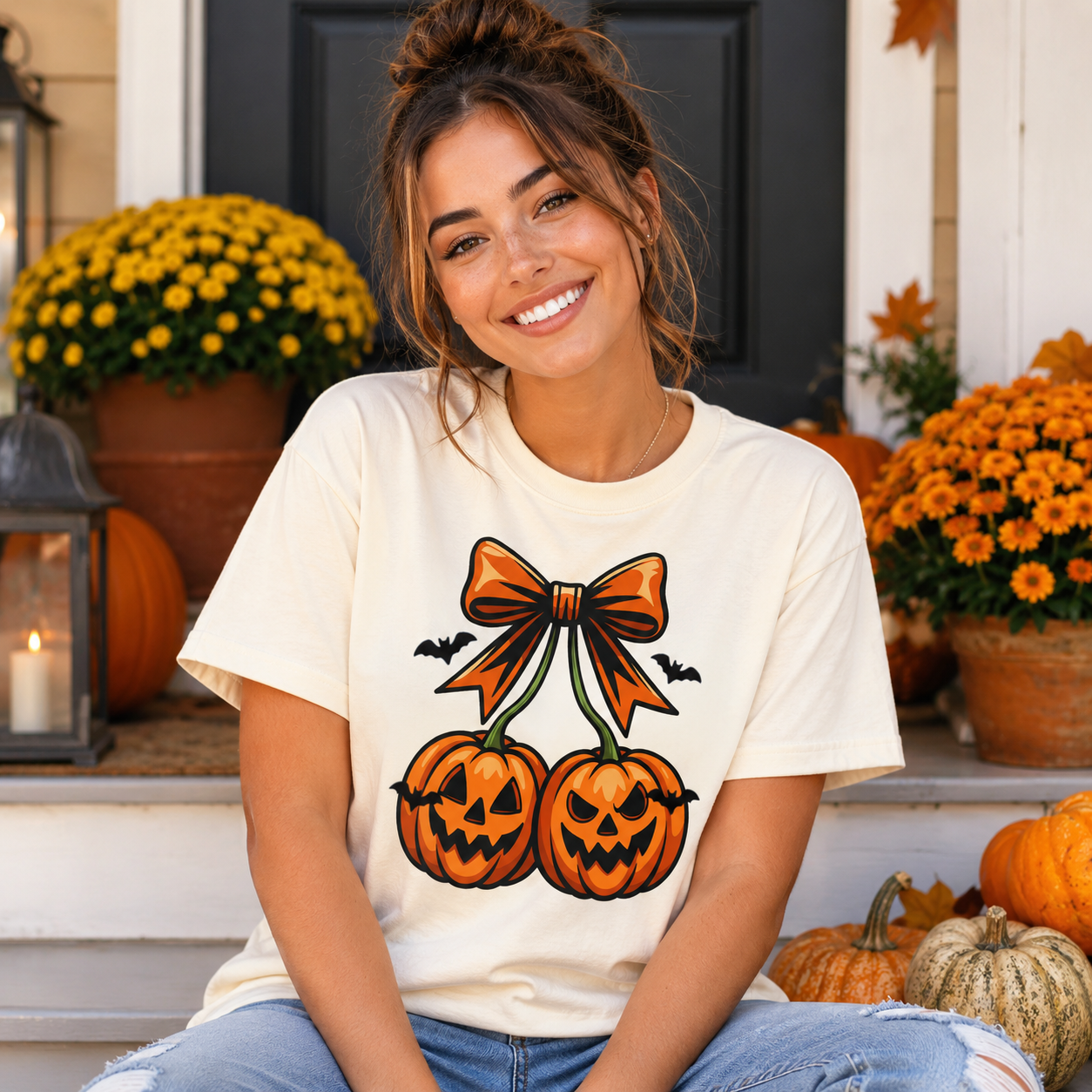 A woman wearing a cream-colored t-shirt with a graphic of two jack-o'-lanterns tied by an orange bow, sitting on a front porch decorated with pumpkins and yellow flowers.