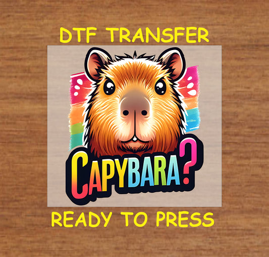 Colorful capybara DTF transfer with bold design and text, ready to press on custom apparel.