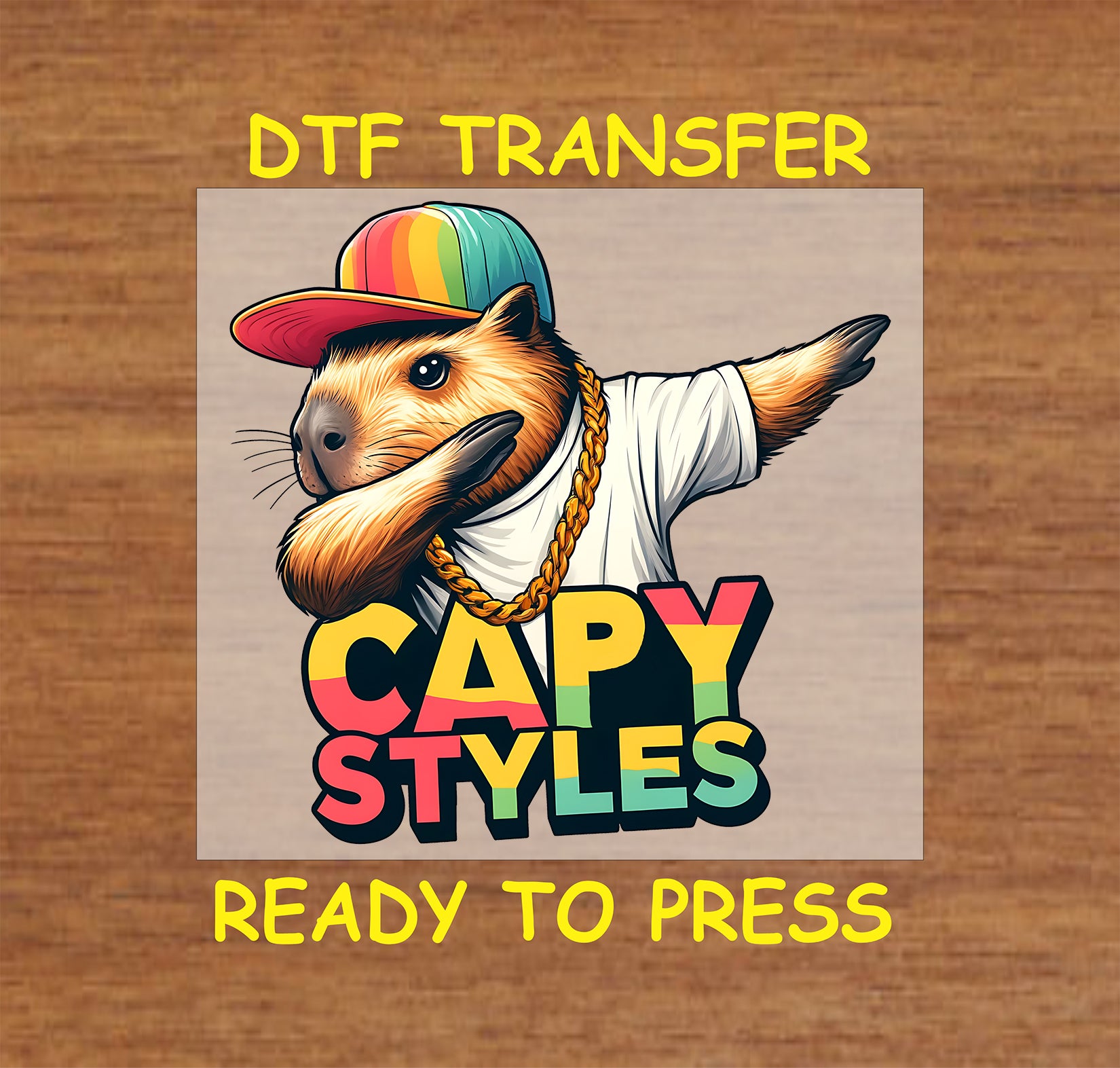 Capybara DTF transfer design featuring a capybara dabbing with a cap and gold chain for custom apparel.