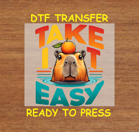 Relaxed capybara DTF transfer design with the text "Take It Easy" and an orange on its head for custom apparel.