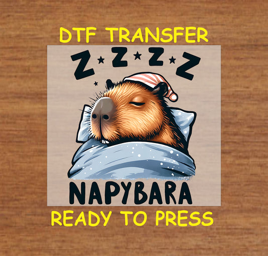 Napybara DTF transfer featuring a sleeping capybara under a blanket with a nightcap and Z Z Z text.