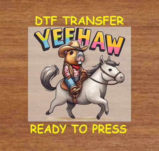 Yeehaw cowboy capybara DTF transfer featuring a capybara in a cowboy outfit riding a white horse with colorful Yeehaw text.