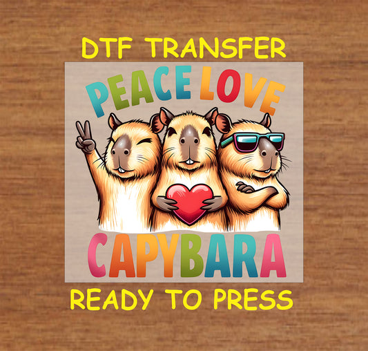 "Peace Love Capybara" DTF transfer with three capybaras holding a heart, flashing a peace sign, and wearing sunglasses.
