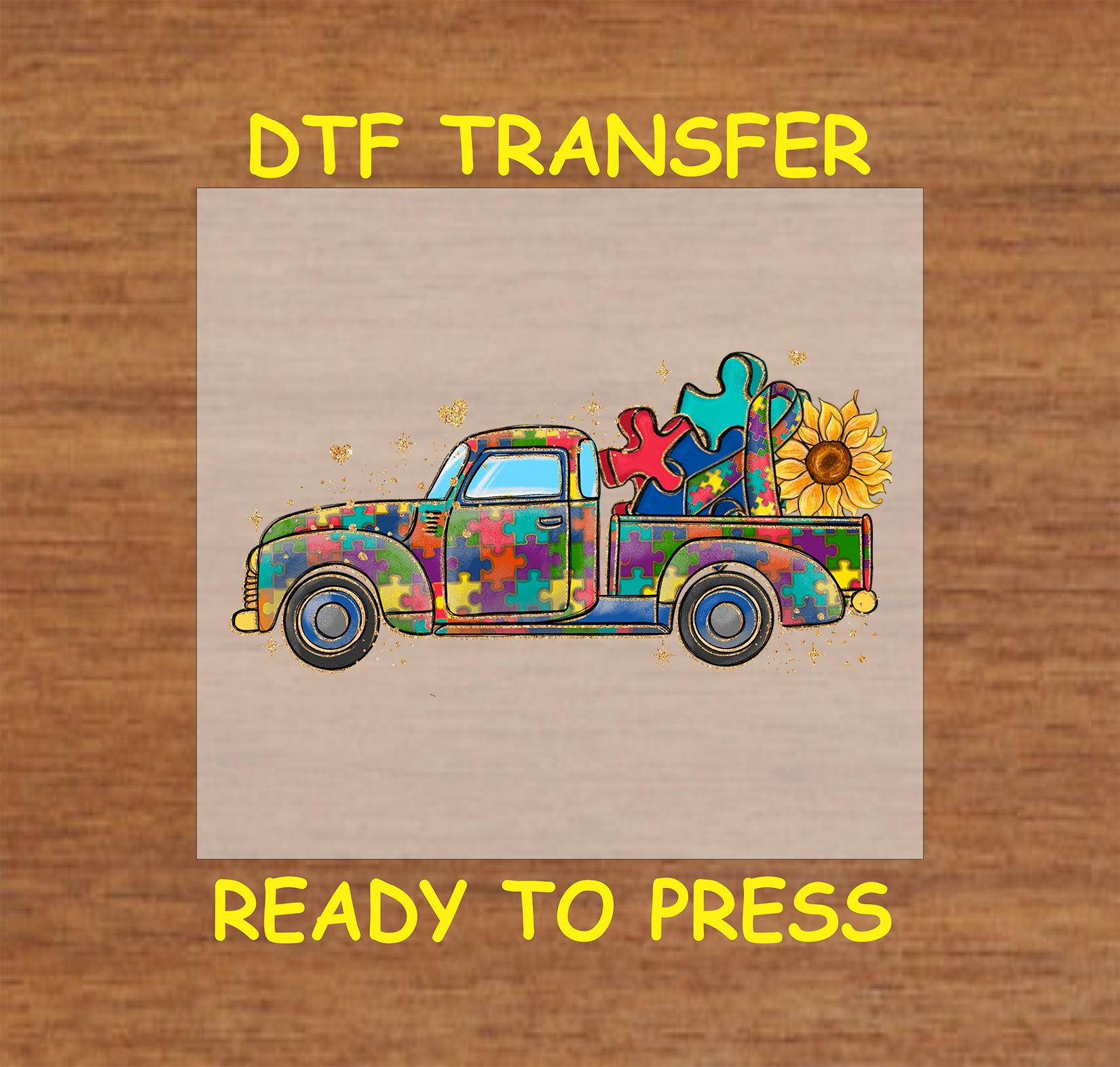 Vintage truck with puzzle pattern carrying puzzle pieces and a sunflower, colorful autism awareness DTF transfer.