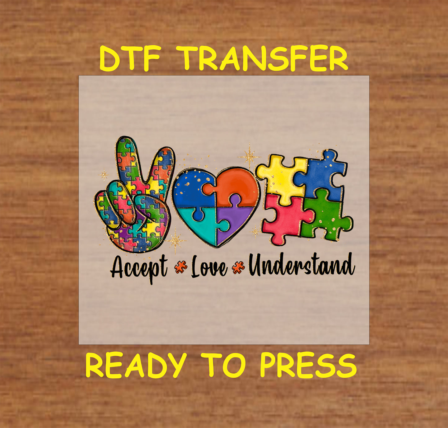 Colorful puzzle-piece design with peace sign, heart, and autism awareness message, ready-to-press DTF transfer.