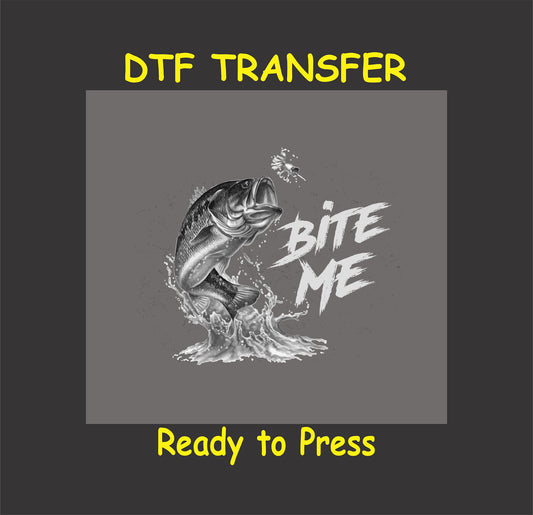 "Bite Me" DTF transfer design featuring a detailed leaping fish and splash graphic, ready to press on apparel.