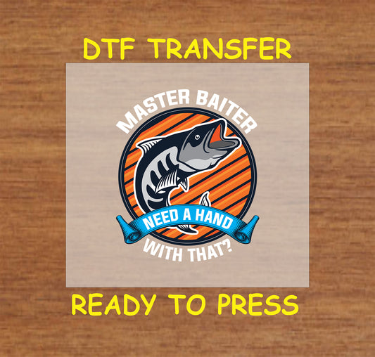 "Master Baiter DTF transfer design with fish graphic, orange striped background, and humorous text."