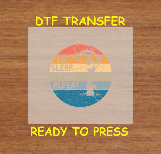 "Eat Sleep Fish Repeat retro DTF transfer with circular sunset design and fishing graphic."