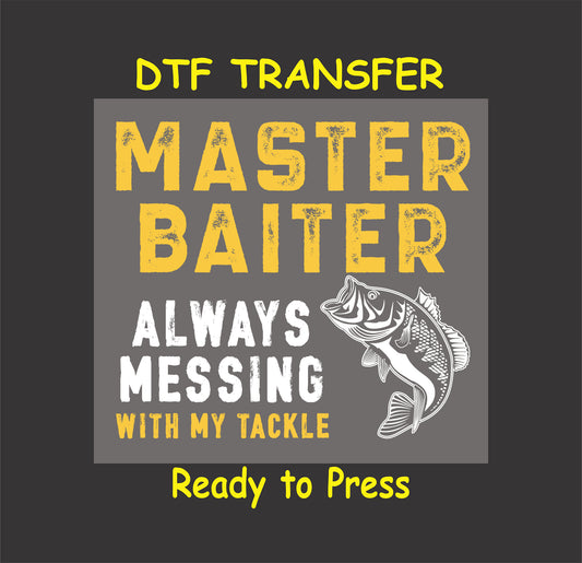"Funny fishing DTF transfer design with 'Master Baiter' text and fish graphic, ready to press."