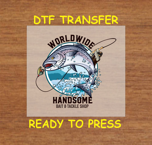 "Worldwide Handsome fishing DTF transfer with jumping fish graphic and fishing rod design, ready to press."