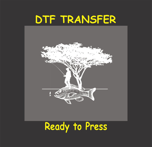"Serene Fishing Scene" DTF transfer design featuring a fisherman under a tree and a fish.