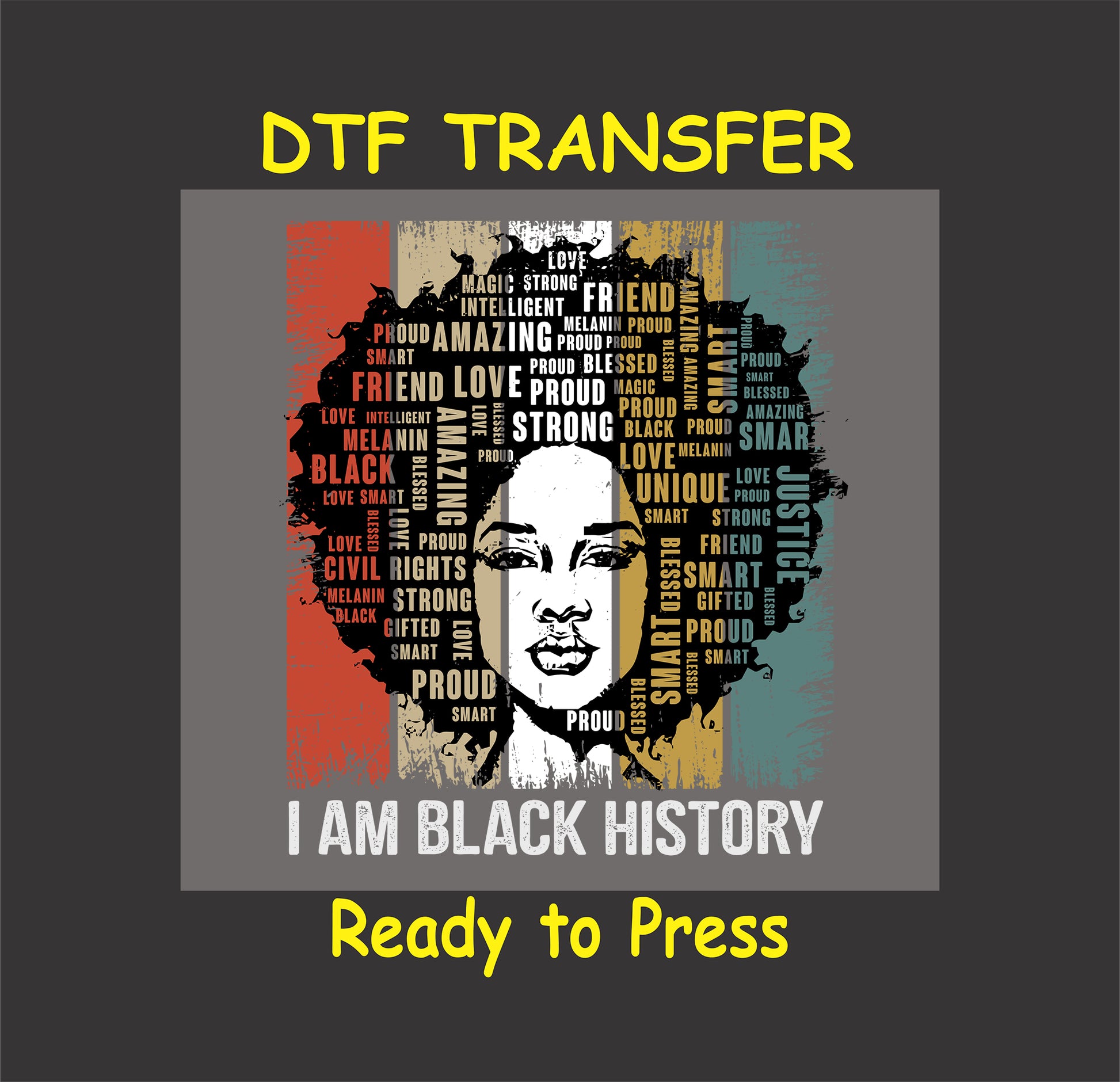 "DTF transfer with afro silhouette filled with empowering words and text 'I Am Black History.'"