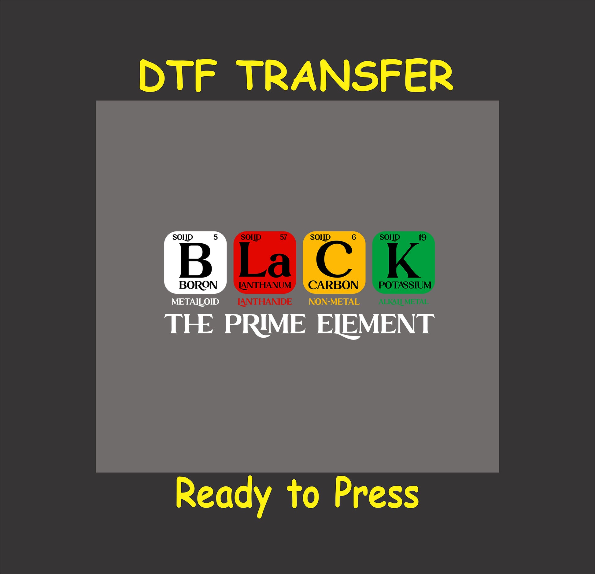 "DTF transfer design featuring periodic table elements spelling 'Black' in Pan-African colors."