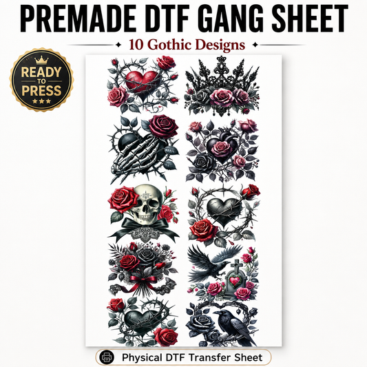 A promotional graphic for a premade DTF gang sheet featuring multiple Halloween-themed graphic designs on a white background, with text listing features such as fit, colors, durability, and shipping details.