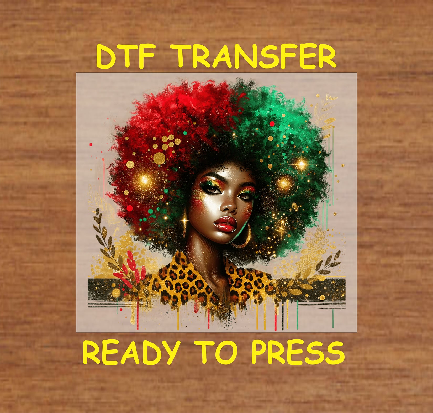 "Red, Green, Gold Afro Glam DTF transfer featuring a bold afro hairstyle with glitter accents and leopard print fashion."
