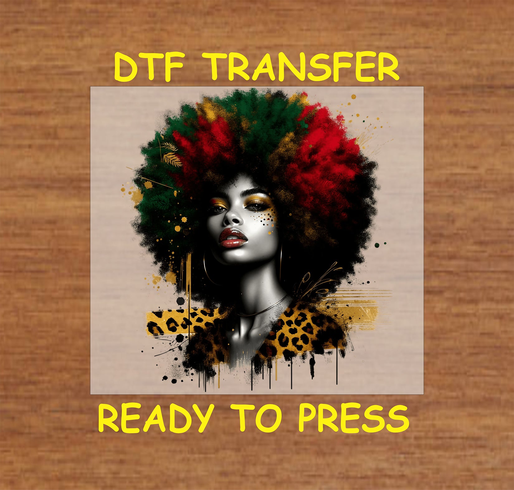 "Red, Green, and Gold Afro DTF transfer with leopard print details and glitter accents for cultural designs."