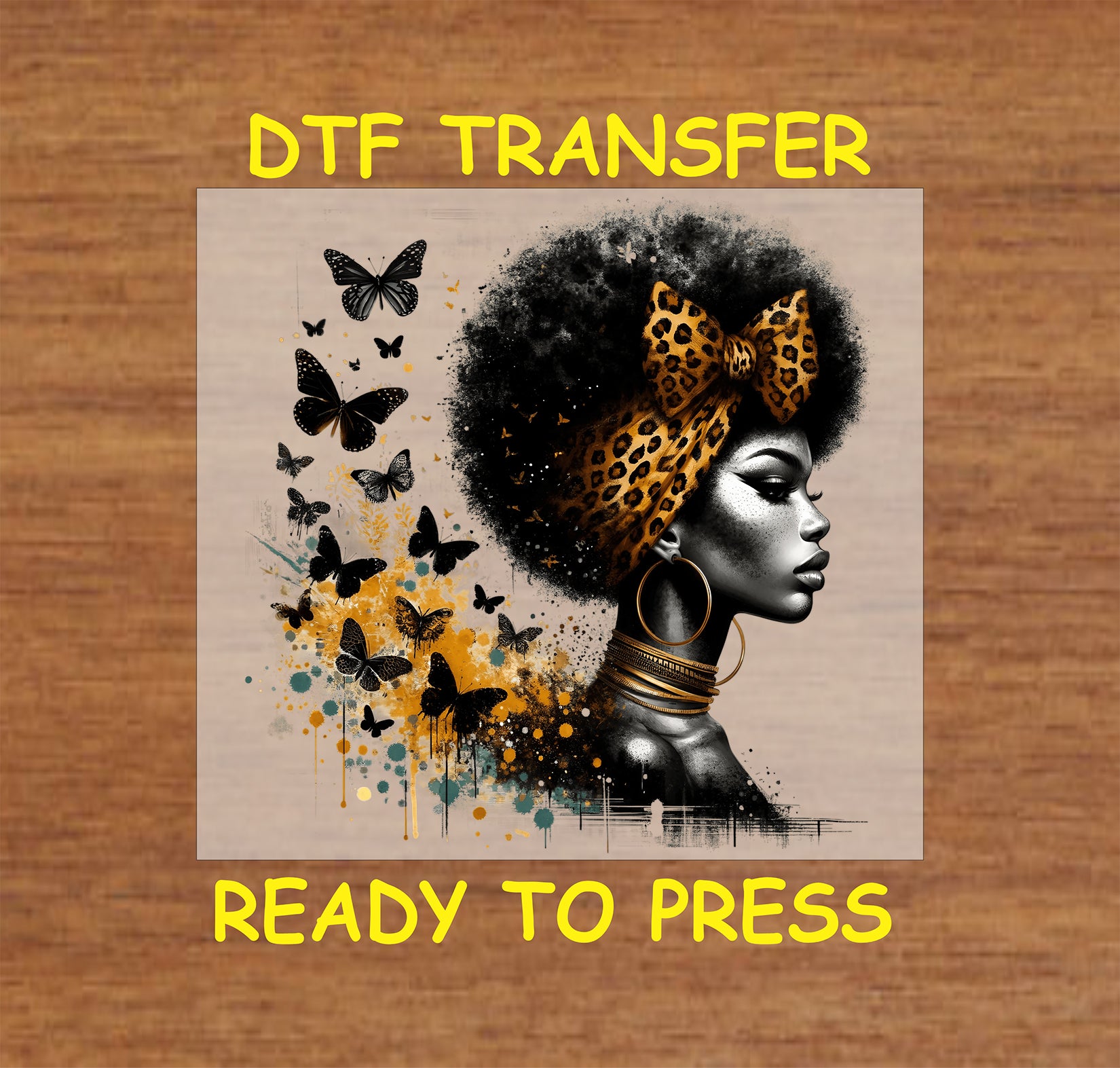 "Afro DTF transfer with leopard print headwrap, butterfly accents, and gold artistic splashes."