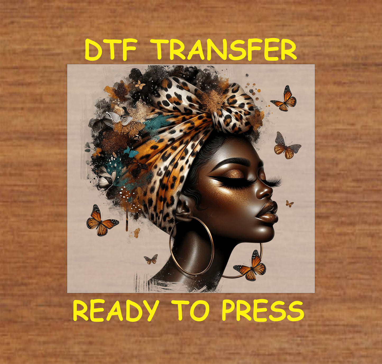 "DTF transfer of a woman wearing a leopard print headwrap with butterflies and gold accents."