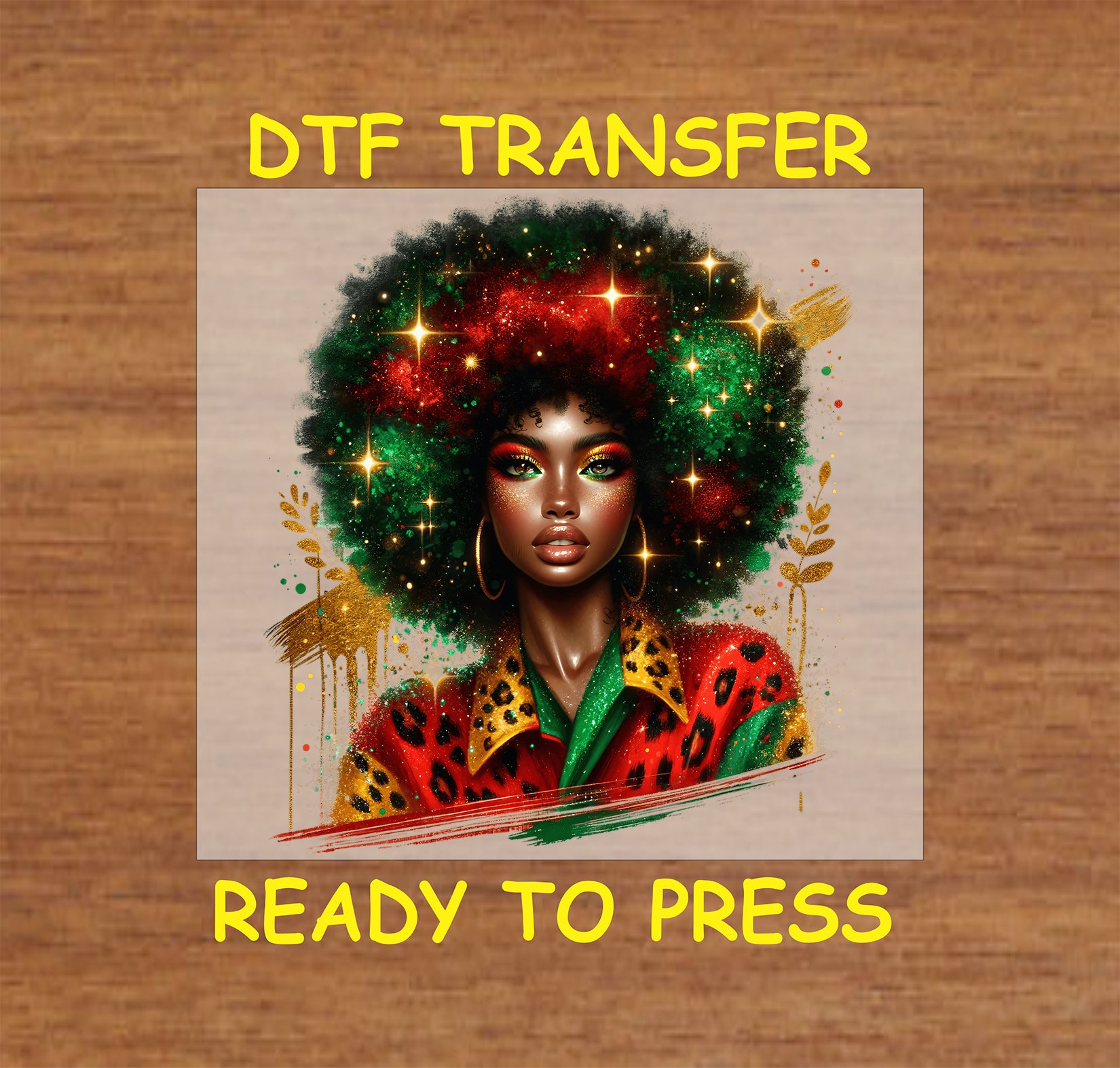 "DTF transfer of a woman with an afro glowing in red and green, wearing a leopard print top."